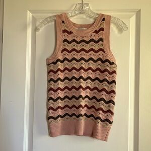 Design History top XS pink/moss/wine macrame weave cotton sleeveless sweater.